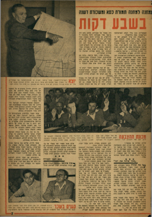 העולם הזה - גליון 1056 - 25 בדצמבר 1957 - עמוד 7 | מחש רמתש תמורת כסא ומשכורת דשנה בשבע דקות האפשריות נתון בידי הנציב הפרוגרסיבי התל־אביבי, משה גולדשטיין. גולדשטיין היה צריך להצביע, לפי המוסכם, בעד גולדה מאיר,