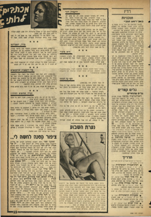 העולם הזה - גליון 1090 - 20 באוגוסט 1958 - עמוד 15 | רדיו להעמיק הקד תוכניות כאב־ראע! תנכי״ מכונת הפירסום של קול ישראל סבבה ביעילות: חידון התנ״ך ואלופיו היו השבוע בכותרות החדשות. כיסוי ההכנות לחידון העסיק את מיטב