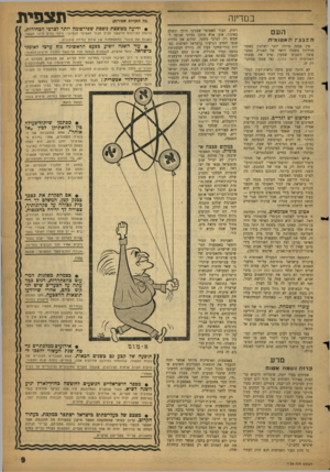 העולם הזה - גליון 1128 - 12 במאי 1959 - עמוד 9 | ב מ דינ ה העם העגזגז האטוא־ת מאשר כאשר פצצתו במלכו אין סכנה גדולה יותר לשלטון הזילזול בשכלו הישר של האורה. פוצץ השבוע שמעון פרם את האטומית (ראה להלן) ,נפל עצמו
