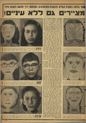 העולם הזה - גליון 1135 - 1 ביולי 1959 - עמוד 15 | ן ממי גילתה במקדה תגלית פדגוגית־פסיכולוגית, הנותהת דוו הדשה להבנת הילד מציידים \ ללא עיניים! ף* תגלית נמצאה כמקרה. יהודית | fבלומנטל, מורה לציור מזה 11 שנד,