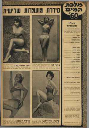 העולם הזה - גליון 1183 - 25 במאי 1960 - עמוד 17 | שאלון מו ע מ דו ת את השאלון הזה זכאית למלא המו־עמדת עצמה, וכן כל אדם אחר ה־מעוניין להמליץ על מועמדת, אשר לפי דעתו היא מתאימה לתחרות זו. השם— : שם משפחה מצג