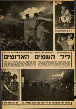 העולם הזה - גליון 1243 - 12 ביולי 1961 - עמוד 11 | שלושה צנחנים ושומר של משמר הגבול, מתיזים מים באחת מגיזחת השריפה הגדולה האדומי ממרחק עשרות קילומטרים אפשר היה להבחין כאש הגדולה. מפתח־תיקווה, מחדרה, מנתניה -ומן