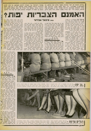 העולם הזה - גליון 1252 - 5 בספטמבר 1961 - עמוד 14 | —*ייי ״ברחוב דיזנגוף יש יותר יפהפיות מאשר כוויא ונטו כרומא, או בשאנדאליזה בפאריס!״ זוהי היעה נפוצה בחוגי התיירים, ואף בחוגי ישראלים מסויימים החוזרים מביקור