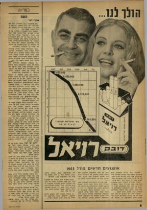 העולם הזה - גליון 1325 - 30 בינואר 1963 - עמוד 6 | במדינה העם אחר דו ד יננהר־ם!? או פנו עי םחד שי ם מודל 1963 לאחרונה הותר על־ידי הממשלה יבוא אופנועים חדשים מכל הסוגים ובמיוחד סוגי האופנועים אשר נסעו בכבישי