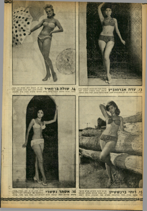 העולם הזה - גליון 1355 - 28 באוגוסט 1963 - עמוד 16 | בת , 17 תושבת חיפה, צברית דור רביעי, תלמידת תיכון, רוצה להיות פתונאית, שיער בלונדי, עיניים כחולות. חובבת בעיקר שחיה, מוסיקה קלאסית. בוגרת קורס לדוגמנות. ^ (