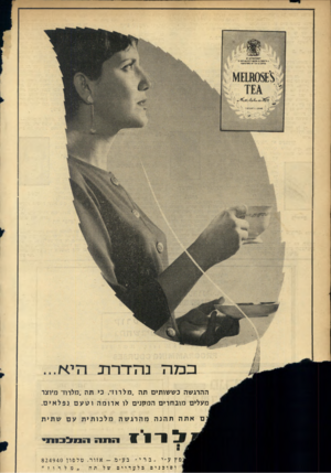 העולם הזה - גליון 1426 - 6 בינואר 1965 - עמוד 4 | ההרג שה כ ש שו תי םתה ״ מ ל רו ד, כי ת ה ״מלרוד מיוצר מ עלי ם מו ב ח רי םהמ קני ם לו ארומהוטעםנפלאים . אתה תהנה מהרגשה מלכותית עם שתית הנו פץ ע ״י ״ברי״