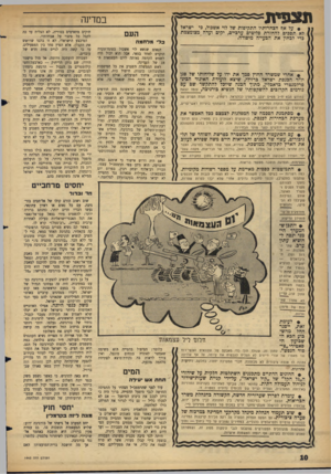 העולם הזה - גליון 1443 - 5 במאי 1965 - עמוד 10 | תצפית במדינה • על א!? הצהרותיו התקיפות של לוי אשבול, פי ישראל לא תספים להחזרת פליטים ערכיים, יקים ועדה מצומצמת בדי לבחון את הפעייה מיסודה. * אחרי שמשרד החוץ