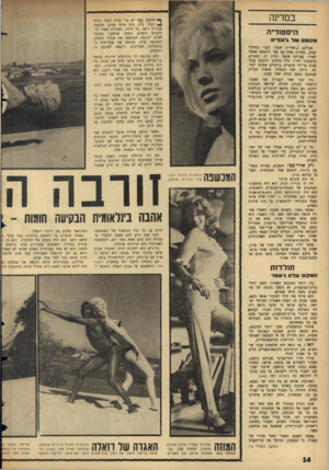 העולם הזה - גליון 1446 - 26 במאי 1965 - עמוד 14 | במדינה ^ הומת עכו יש בור עמוק ואפל. בתוך 4הבור גרה, מזה אלפי שנים, מכשפה אכזרית ויפה. כל לילה, כשהירח מאיר והכוכבים נוצצים, בשעה שהשעון מצלצל חצות, לובשת