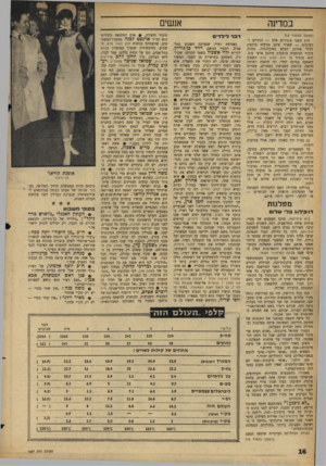 העולם הזה - גליון 1457 - 11 באוגוסט 1965 - עמוד 16 | אנשים במדינה (המשך מעמוד )12 חוץ משני ציבורים אלה — הדתיים והערבים — שאולי אינם מגיעים ברכבת לכלל אחוזם המלא באוכלוסיה, מהווה ציבור הנוסעים ברכבות מידגם ארצי