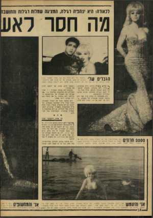 העולם הזה - גליון 1479 - 5 בינואר 1966 - עמוד 14 | לנאווה: היא ינהפיה וגילה, המציגה שמרוה וגירות והחושבו חסר הגבוי שלי מלבד גברים, יש שהיא עוכרת ברחוב, כולם מסתכלים ^ עליה. היא בלונדית, יפר,פיה, לבושה לפי מיטב