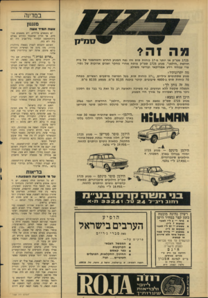 העולם הזה - גליון 1484 - 9 בפברואר 1966 - עמוד 18 | במדינה מנגנון אשהת מי דאשה מה זהי 1725ס מ״ק או יותר מ 17-כו חו ת סו ס זהו נפח המנוע החדש והמהפכני של בית חרושת ״הילמן״ .מנוע 1725ס מ״ק פותח אחרי מ ח קר ושנים