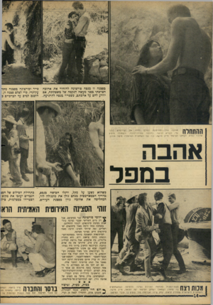 העולם הזה - גליון 1489 - 16 במרץ 1966 - עמוד 14 | בסצנה זו מנסה פורטונה להזהיר את אהובה. הצרפתי כפני מעשה הנקמה של משפחתה, אם יוודע להם על אהבתם, כשפייר מנסה להרגיעה. פייר ופורטונה בסצנה מתר עין־גדי. כדי לצלם