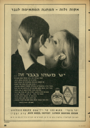 העולם הזה - גליון 1491 - 30 במרץ 1966 - עמוד 25 | אקוה ולוה -המתנההמתאימה לגבר בג ב ר לאחר הגילוח ה תז מעט *ע £ 400 * £1¥ט106 81 ו שים לב מהמתרחשבמ שך היו ם1 אל תו פתע מהרג שהפת או מי ת של ב ט חון עצמי ת הי ה