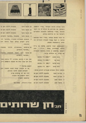 העולם הזה - גליון 1497 - 1 במאי 1966 - עמוד 28 | העולם הזה 14-95 לרגל מ כי רתמ כונ תהכ בי ס ה ״ ק נ די ״ ה־10000 בי שראל, אנו מ כ ריזי ם על הג רל ת שי בין רוכשי מ כונו ת ״ ק נ די ב חו תמת ה מ פי צי ם 10 מיב