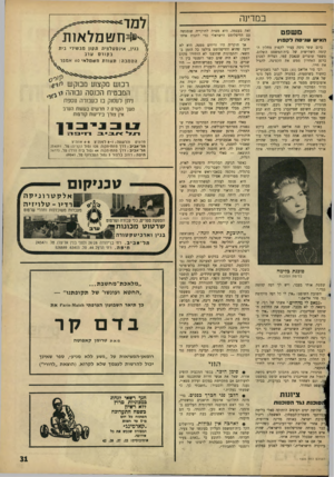 העולם הזה - גליון 1505 - 6 ביולי 1966 - עמוד 31 | במדינה משפט האי ש שני סהד? 3וץ ביום ששי ניסה עציר לקפוץ מחלון הקומה השלישית של בית־המשפט השלום. משמר שוטרים שנאבק עמו, הצליח למנוע ברגע האחרון ממש את הקפיצה,