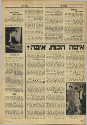 העולם הזה - גליון 1536 - 8 בפברואר 1967 - עמוד 22 | במדינה ספורט בין כדורגל צידקח ה־ד־ 3 בשבת האחרונה הצליח ספורטאי בודד, להכניס רוח רעננה לאווירת הקודרת בדרך־ כלל של הכדורגל המקומי. בדקה ה־ 78 של המשחק בין מכבי