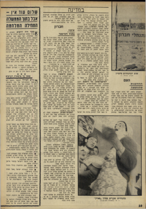 העולם הזה - גליון 1603 - 22 במאי 1968 - עמוד 10 | במדינה שלט המתנחלים גחכרון חברון עילית — העם ההזדמנות שהוחמצה השבוע מלאה, לפי הלוח העברי, שנה למלחמת־ששת־הימים. היחד. זו שנה שפתחה אופקים נרחבים של נוף, בפני