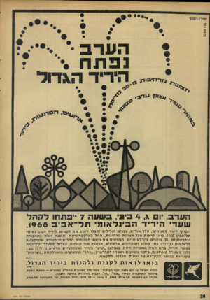 העולם הזה - גליון 1605 - 5 ביוני 1968 - עמוד 30 | ברשם וחף סטודיו ו׳סדיוד מי ־ הי ביי ג הערב• נפ תח הידיד הגדול הערב ,׳ 4 1ביוני, בשעה 7״פתחו לקהל שעדי הידיד הבינלאומי חל־ אביב .1968 זי קו קי דינור ס סגוניי ם,