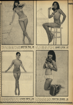 העולם הזה - גליון 1610 - 10 ביולי 1968 - עמוד 31 | היא בת המושבה מנחמיה שבעמק הירדן. שעברה לתל־אביב רק לפני ישבעך ז חודשים. בת , 17 בעלת עיניים כחולות ושיער מום, אוהבת לצייר ולחבר שירים ואף פורטת על האקורדיאון.