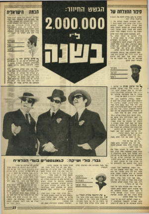 העולם הזה - גליון 1618 - 4 בספטמבר 1968 - עמוד 27 | .״ הם זוכרים את התקופה בה הופיעו במים־ גרת התרנגולי ם בדגניה ושרו שם את שירו של חיים חפר על החתיכה מרחוב פנורמה בחיפה, אחרי שהשמיעו את הקטע ווג שדיה כגלים