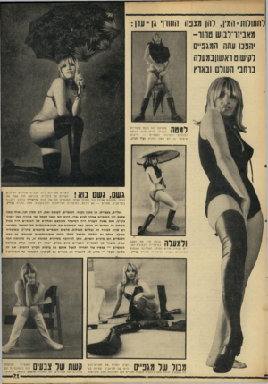 העולם הזה - גליון 1629 - 20 בנובמבר 1968 - עמוד 21 | כשהיא מצויירת בזוג מגפיים שחורים וארוכים העולים עד לירכיים, מרגי שה חנ ה אשל את עצמה מחוסנת אפילו נגל המבול עצמו. המגפיים הם של חנות סורפרייז ברחוב דיזנגוף