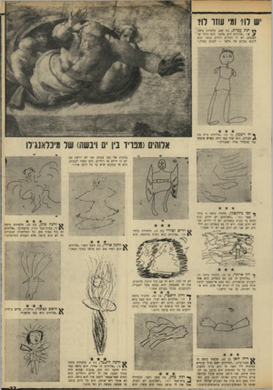 העולם הזה - גליון 1638 - 22 בינואר 1969 - עמוד 33 | יש לו? ומי עוזר לו? ** ינתעמית, בת שש, תלמידת כיתה ^ א׳ :״אלוהים הוא מלאך. הוא הולך על העננים. יש לו רגליים וידיים וכתר. הוא לובש בגדים של מלאך — לבנים כאלה.״
