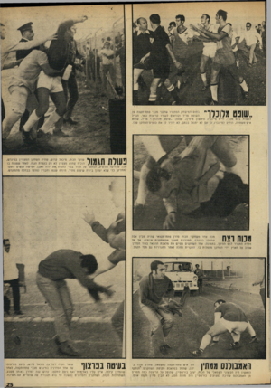 העולם הזה - גליון 1684 - 10 בדצמבר 1969 - עמוד 27 | בתום המישחק הסתערו שחקני מכבי פתח־תקווה על ן טן יוז ״ןךי • ן| 1ץןןן ה שופט פ ריז וקוראים לעברו קריאות גנאי. הגדיל לעשות בלם מכבי, חיים פיינברג (רא שון מימין)