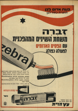 העולם הזה - גליון 1684 - 10 בדצמבר 1969 - עמוד 39 | תשחת השיניס המהפכנית עם הפסים האדומים ־עין הזית־ שוב ראשון בחידוש אחרון: מביא לביתן את התגלית החשובה בהיגייגת השינים בעולם • המ שחה לפעולה כפולה -־זברה־ עם