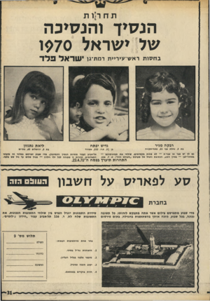 העולם הזה - גליון 1693 - 11 בפברואר 1970 - עמוד 31 | תחר|ו ת הנסיך והנסיכה של ישראל 970ו ב ח סו ת רא ש־עיריית רמת־גו ישראל 31 לד רבקה מגיר בת ,5נחלת צבי , 11 פתח־תקווה גדיש יפתח ליאת נתנזון בן 5ת.ד ,333 .אשדוד בת