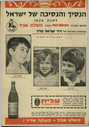 העולם הזה - גליון 1698 - 18 במרץ 1970 - עמוד 39 | הנ סי ך ו הנ סי כהשלישראל לשנת מטעם מערכת 5115105111151 ובח סו תו האדיבה של ד״ר 1970 ויצרני מאלט אביר א 3יר שדאל פלד דניאל שרון בן ,5כפר הנוער מאיר שפיה אייל
