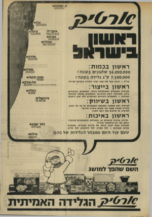 העולם הזה - גליון 1710 - 9 ביוני 1970 - עמוד 5 | . ?7עומתה 06740106 עכו 04910200 חי פ ה ט ב רי ה 0467878 06523422 נצרת 06554229 ע פו ל ה• 06721097 ביווור חדרה• 0632780 ראשון בכ מו ת: נתניה• 56,000,000 שלגונים