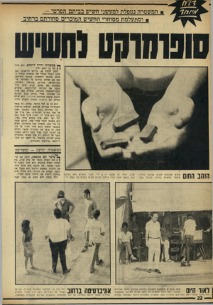העולם הזה - גליון 1719 - 12 באוגוסט 1970 - עמוד 22 | מחיר כל אצבע —! 5ל״י. מקור החשיש הוא רצועת עזה. במשן יממה נמכר ברחוב לבנדה חשיש בסכום של כאלף ל״י.