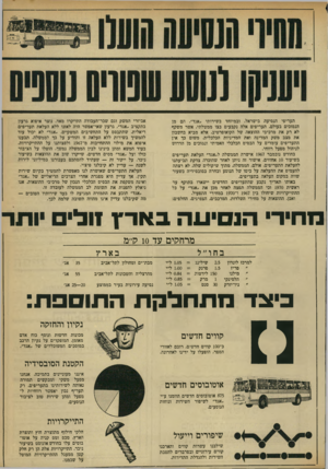 העולם הזה - גליון 1724 - 16 בספטמבר 1970 - עמוד 5 | תעריפי הנסיעה בישראל, ובמיוחד בשירותי ״אגד״ ,הם מן הנמוכים בעולם. תעריפים אלה נקבעים בצו ממשלתי, אשר משקף לא רק את מרכיבי ההוצאה של הקואופרטיב, אלא מביא בחשבון
