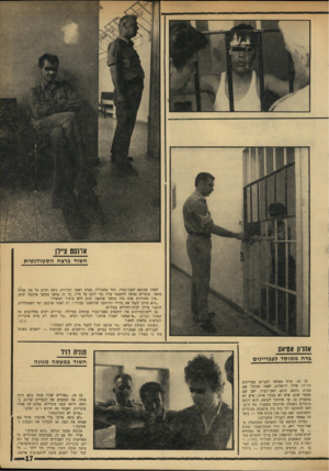 העולם הזה - גליון 1758 - 12 במאי 1971 - עמוד 17 | אחסנו צ״ון חשוד נרצח הסטודנטית לאחר שהובא לאבו־כביר, החל משתולל, מטיח ראשו בקירות, ניפץ וקרע כל מד. שהיה, בתאו. שוטרים נאלצו להתגבר עליו כדי להגן על חייו. כך