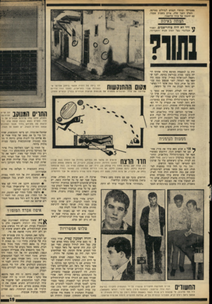 העולם הזה - גליון 1766 - 6 ביולי 1971 - עמוד 19 | בתמונה מימין נראה דרורי יהוזאי (משמאל), ליד סמי טרגנוב, מי שנשפט ל־ 5שנות מאסר באשמת הטחת רימון על ניידת משטרה. משמאל נראה ניסים לביא, ממנהיגי כנופיית בת־יס,