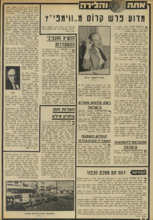 העולם הזה - גליון 1845 - 10 בינואר 1972 - עמוד 15 | אונ ח ו הגיד ה גווע פוש קווס מ״וו־מבי ך * תדהמה הי ת ה כללית, לשמע דון ) ידיעה כי מנכ״ל חברת וימפי־ישראל, יואל קרוס, התפטר מתפקידו. שכן היה זה קרוס שבנה את רשת