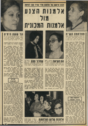 העולם הזה - גליון 1849 - 7 בפברואר 1973 - עמוד 27 | כשנהרג מפגיעת פגז בקרב על הרמה במלחמת ששת־הימים, היתד. מטילדה הממושקפת בחודש השביעי להריונה. … אז בתשעה באב, כשנפגשתי עם הגיסות שלי, הן הרביצו לי, כי אמרו שאני