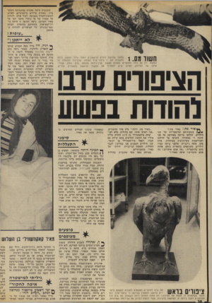 העולם הזה - גליון 1854 - 14 במרץ 1973 - עמוד 20 | התוכנית היתה גאונית בפשטותה הקלא־סית: בעזרת ציידים מיקצועיים, לארוב לעופות־הטרף בסביבה, לצוד אותן, ולגלות על מקורו של מי נותרו סימני דמו של מאיר הקורבן. גישה