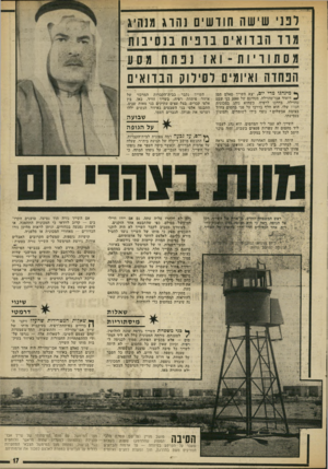העולם הזה - גליון 1871 - 11 ביולי 1973 - עמוד 17 | ופני שישה חודשים נהרג מנהיג הפחדה ואיומים לסילוק הבדואים ך • מינהגו מדי יום, יצא השייך סאלם חסן דואוד אבו־טהוילה, מנהיגם של 2000 בני שבט טהוילה, בדרכו לרפיח,