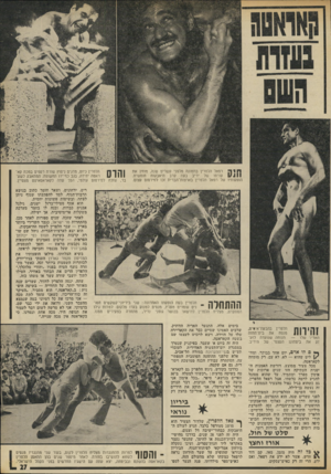 העולם הזה - גליון 1874 - 1 באוגוסט 1973 - עמוד 27 | ח 1ר רפאל הלפרין בתמונה מלפני עשרים שנה, מוחץ את 1 /4 1 1עורפו של יריב בעת קרב היאבקות חופשית. הופעותיו של רפאל הלפרין בארצות־הברית זכו לפירסום עצום. ההתחלה -