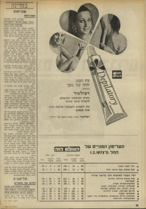 העולם הזה - גליון 1880 - 12 בספטמבר 1973 - עמוד 16 | במדינה שביתות אוטר1יתוח אחיות חדרי הניתוח ניתחו עצמן מהקשר להסתדרות שהיפלה אותן לרעה צח וענוג יהיה עור גופך בעזרת ד פי ל טו ר הקרם הקוסמטי המושלם להסרת שיער