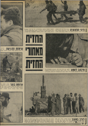 העולם הזה - גליון 1885 - 11 באוקטובר 1975 - עמוד 20 | ^immimmm.. M 1ן פינוי הפצועים בבסיס עורפי של חזית התעלה, מובל לוחם פצוע כשהוא נישא קל ידי חבריו על גבי אלונקה, אל המסוק שיטיס אותו צפונה, mMmm שימחת הפגישה את
