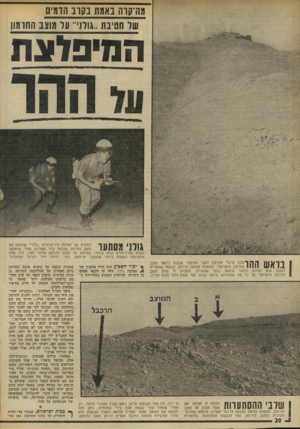 העולם הזה - גליון 1889 - 14 בנובמבר 1973 - עמוד 20 | מנקודה זו שלט מוצב 1החרמון הישראלי על כל מה שהתרחש ברמת הגולן ועד עמוק לתוך תחום סוריה. 1שרבי ההסתערות | החרמון. התמונה צולמה מגבעת הרכבל העליון, הנמצא
