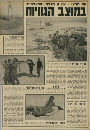 העולם הזה - גליון 1890 - 21 בנובמבר 1973 - עמוד 21 | א תרצו -אין 11 הג ד ה (המערבית) במוצב הגוויוח החייל האלמת מתנופף על מוצב קדמי בגדה המערבית מול איסמעיליה. מולו, במרחק כמה קילומטרים, נראית מתנוססת מצבת החייל