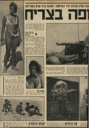 העולם הזה - גליון 1898 - 16 בינואר 1974 - עמוד 17 | וחבר שרה במרחבי סי! ,במלחמה ־ ומצאה גדוד שרם באפריקה ופה בצריח אר במיון של הדואר. אחר, החלה עוקבת מטווח־ביטחון אחרי התקדמותו של מוטי, חצתה את התעלה, חדרה