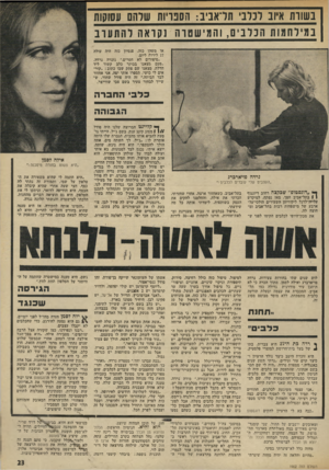 העולם הזה - גליון 1902 - 13 בפברואר 1974 - עמוד 23 | :1שוות איוב לכלבי נדאביב: ה סנויות שלהם ו1ם1קות נ: מילחמות הכלבים, והמישטוה נקראה להתע וב או משהו כזה. פנסיון כזה היה עולה 17 לירות ליום. ״סיפורים לא חסרים,״