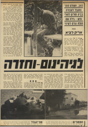 העולם הזה - גליון 1913 - 1 במאי 1974 - עמוד 28 | עוברים מיכאל ופונים אל דרך־העפר, בסביבה פסטורלית נאה. השלווה האופפת דרך־עפר זו אינה מרמזת כלל על הצפוי בבית־החולים ל־חולי־נפש, הניסתר כאילו בין הפרדסים. הכל