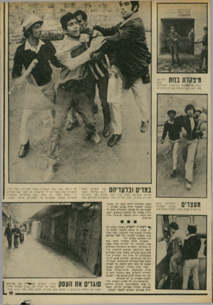 העולם הזה - גליון 1942 - 20 בנובמבר 1974 - עמוד 19 | מיפקות בנות ב ״;- לבנות אל־מאמוניה בירושלים המיזרחית, ממנו יצאו השבוע מאות מפגינות קיצוניות. במדים ובלעדיהם,:,ש ד במדים, כשלראשו קסדה ובידו אלה, אוחזים בשני