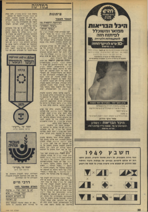העולם הזה - גליון 1949 - 15 בינואר 1975 - עמוד 30 | במדינה עיתונות ה עו בדהא 1ב ד המילחמה החשאית בין ״העובד המצטיין״ ?״עובד ישראלי״ הי בלהב רי או ת מפואר ומשוכלל לפימוח חזה ^ להתעמלות!להרזיה * 1ס״מ להיקף החזה ב