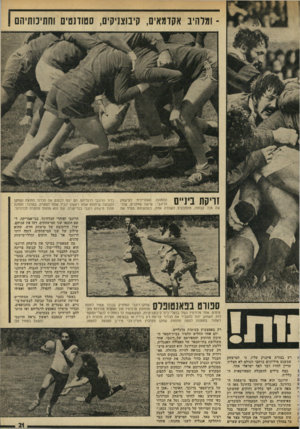 העולם הזה - גליון 1962 - 9 באפריל 1975 - עמוד 21 | ־ ומלהיב אקדמאים, קיבוצניקים, סטודנטים וחתיכותיהם 1 זריקת ביניים התמונה האופיינית לנזישחק הרוגבי: שישה שחקנים, שלושה מכל קבוצה, מתחבקים לאגודה אחת, כשהשופט